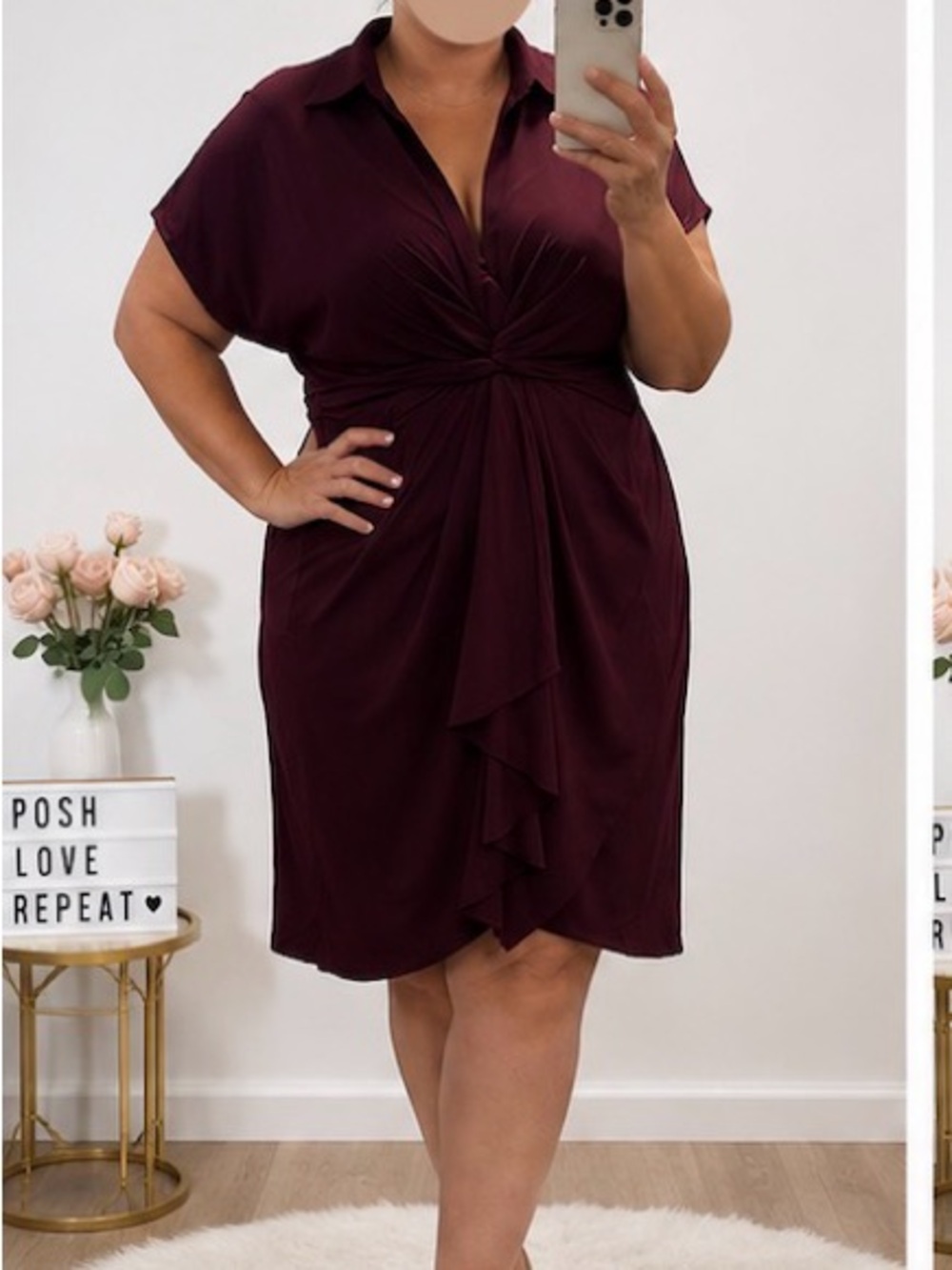 Burgundy Twist Front Collared Shirt Dress 2XL